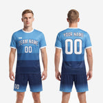 Custom Sky Blue and Navy Blue full soccer kit complete two-piece uniform set jersey and shorts matchday view