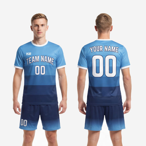 Custom Sky Blue and Navy Blue full soccer kit complete two-piece uniform set jersey and shorts matchday view