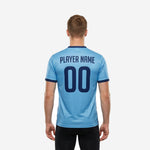 Mens custom training jersey sky blue and navy blue back view showing player name and number print placement across full back panel