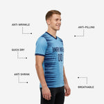 Close detail of navy blue V-neck collar and sleeve cuff trim on custom sky blue soccer training jersey