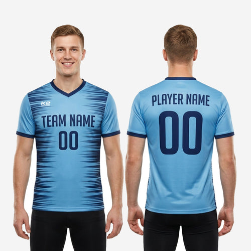 Detail of full-dye sublimation horizontal streak pattern on sky blue and navy blue mens custom training jersey