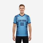 Mens custom training jersey in sky blue and navy blue with horizontal streak sublimation print, V-neck collar, team name and number on chest, front view