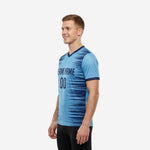 Mens custom training jersey sky blue and navy blue, right side view showing V-neck collar trim and full edge to edge sublimation pattern