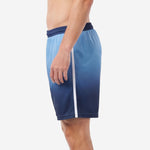 Right side view of custom sky blue to navy soccer shorts with white contrast side stripe and elastic waistband
