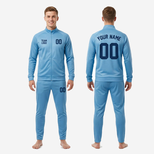 Custom sky blue soccer tracksuit 2-piece set with navy sublimated print for club and school teams