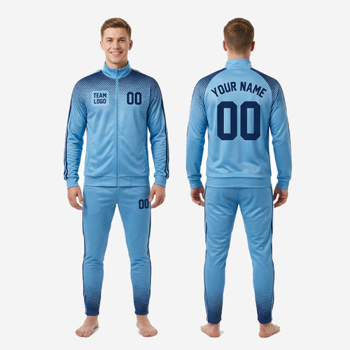 Custom sky blue and navy full-zip soccer tracksuit set showing complete 2-piece jacket and pants kit for club teams