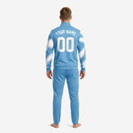 Full-dye sublimated sky blue soccer tracksuit jacket and pants set showing chest number and team logo placement zones