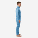 Custom sky blue soccer tracksuit left side view showing tapered pants and full-zip jacket profile