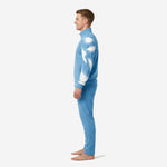 Custom sky blue soccer tracksuit right side view, full-zip stand-collar jacket and matching tapered pants with splash print