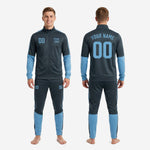Close-up of stand collar and full-zip placket on custom sky blue soccer tracksuit jacket with Sky Blue trim edge detail