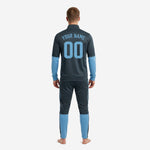 Steel Blue full-zip jacket with Sky Blue sleeves from custom sky blue soccer tracksuit set, showing stand collar and ribbed cuff detail