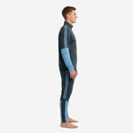 Custom sky blue soccer tracksuit side view showing Sky Blue contrast sleeves and twin vertical stripes on Steel Blue tapered pants