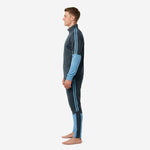 Men's custom sky blue soccer tracksuit side profile displaying full-length Sky Blue outer leg panel and athletic tapered cut on pants