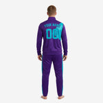 Custom soccer club tracksuit Royal Purple and Teal jacket detail showing chest logo print zone and geometric Teal diagonal panel