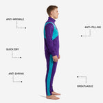 Custom soccer club tracksuit Royal Purple and Teal pants detail showing Teal side stripe and elastic waistband with drawcord