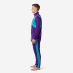 Custom soccer club tracksuit Royal Purple and Teal opposite side view showing full-length zip and Teal contrast panel on jacket