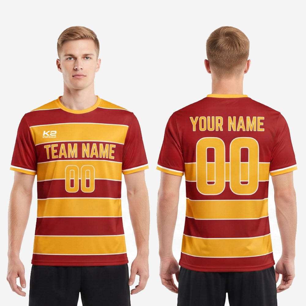 Sublimated Soccer Shirts Mens - Custom Maroon Gold Stripe