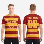Full view of sublimated mens soccer shirt in maroon and athletic gold stripe showing all 4 print zones