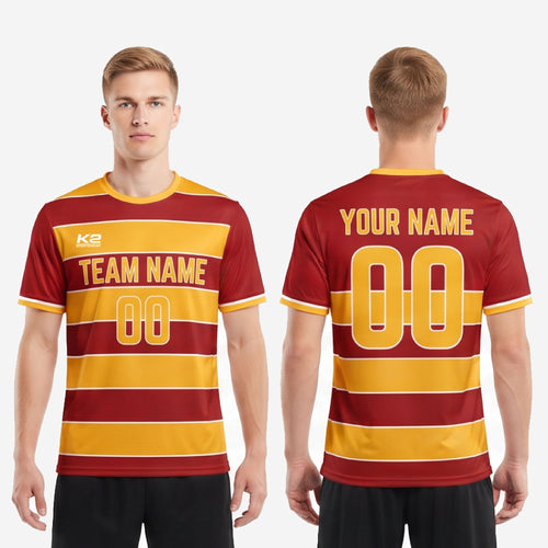Sublimated Soccer Shirts Mens - Custom Maroon Gold Stripe