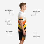 Close detail of orange and canary yellow halftone dot and brush-stroke sublimation print on white custom soccer jersey fabric