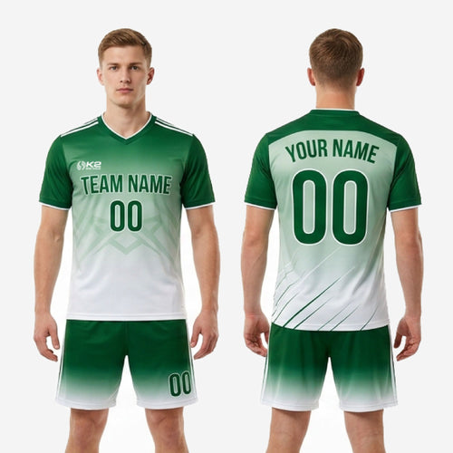 Custom soccer outfits for men Kelly Green White gradient full kit back view with back name and number print