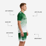 Custom Kelly Green and White gradient soccer shorts with player number and white stripe side panel