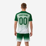 Custom men's soccer jersey in Kelly Green sublimated gradient with team name and front number detail