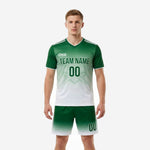 Custom soccer outfits for men in Kelly Green and White gradient sublimated jersey and matching shorts front view
