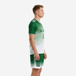 Custom soccer outfits for men Kelly Green to White gradient kit left side view showing sleeve stripe trim and shorts