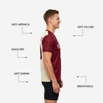 Close-up of the maroon and cream colorblock panel construction and V-neck collar trim on a custom soccer practice jersey