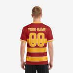 Detail view of custom soccer jersey printing on maroon and athletic gold stripe with white trim accent lines