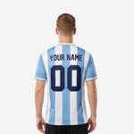 Back view of custom soccer shirts mens showing player name and number placement on light blue and white stripe jersey