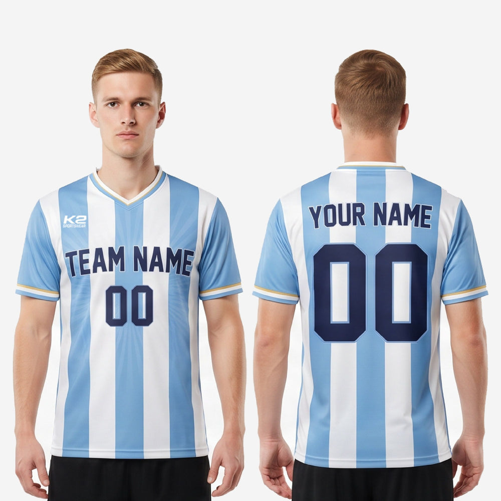 V-Neck Custom Soccer Shirts Mens - Light Blue White