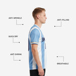 Close-up of gold trim cuff detail on custom soccer shirts mens in light blue and white stripe