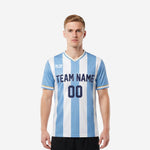 Custom soccer shirts mens in light blue and white vertical stripe with navy team name and number on chest