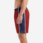 Custom soccer shorts in crimson and navy blue full set view showing team kit colorway for club and school squads