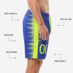 Custom soccer shorts elastic waistband with neon yellow drawcord on Royal Blue match shorts