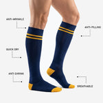 Custom soccer socks in Navy Blue with Athletic Gold ribbed cuff and double-band stripe detail