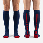 Ribbed elastic turnover cuff on custom soccer socks navy blue for club squad matchday use
