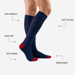 Red contrast heel cup and toe block on custom soccer socks navy blue, close detail view