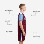 Maroon soccer shorts with white and sky blue vertical side stripe detail