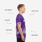 Close-up of silver bar-graph geometric hem graphic on custom Royal Purple soccer jersey, full-dye sublimation print detail