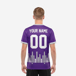 Custom soccer team purple jersey back view showing player surname and back number printed in white on Royal Purple full-dye sublimated fabric