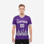 Men's custom soccer team purple jersey in Royal Purple with silver bar-graph hem graphic and white arched team name on the chest, front view