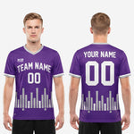 V-neck collar and silver contrast cuff detail on custom soccer team purple jersey made to order by K2 Sportswear