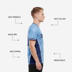 Custom soccer team shirts back view showing player surname and number in navy blue sublimation print