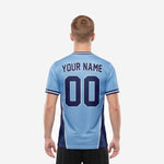Custom soccer team shirts crew neckline detail with ribbed navy and white stripe collar trim