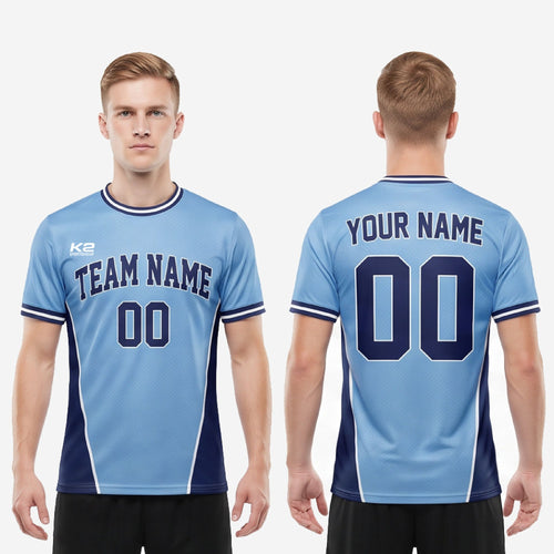 Custom soccer team shirts full body powder blue and navy blue men's soccer jersey with breathable mesh panels