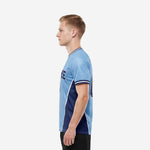Custom soccer team shirts powder blue and navy blue colorblock short sleeve jersey, side view right