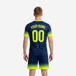Close detail of custom soccer team uniform jersey in Navy Blue with Neon Yellow gradient V-neck collar and sublimated chest print